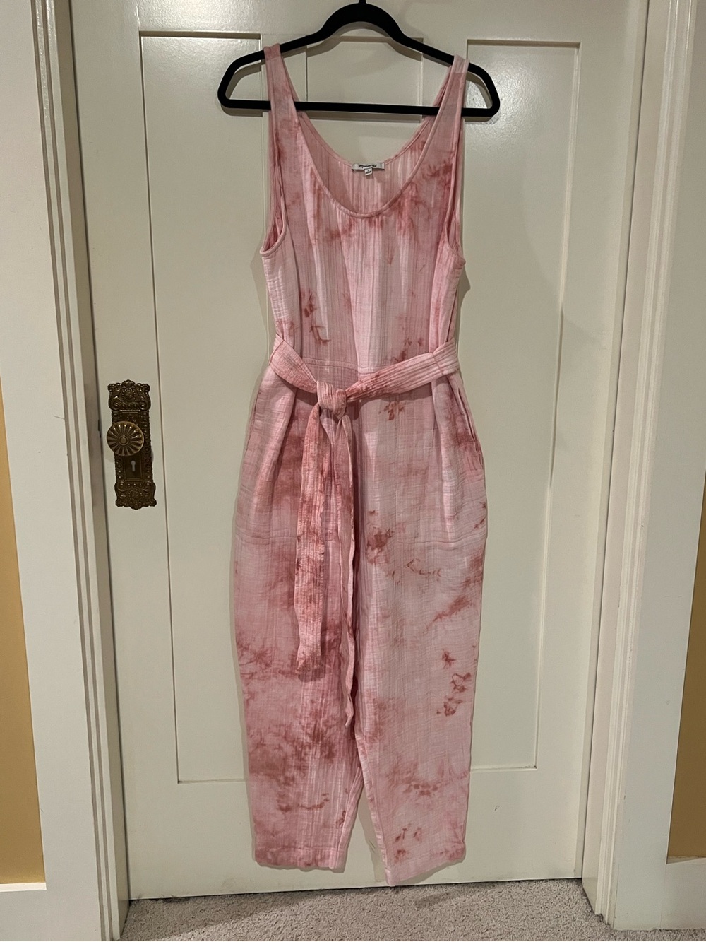 Madewell 100% Cotton Pink Tie Die Sleeveless Belted Jumpsuit Boho Hippie Large